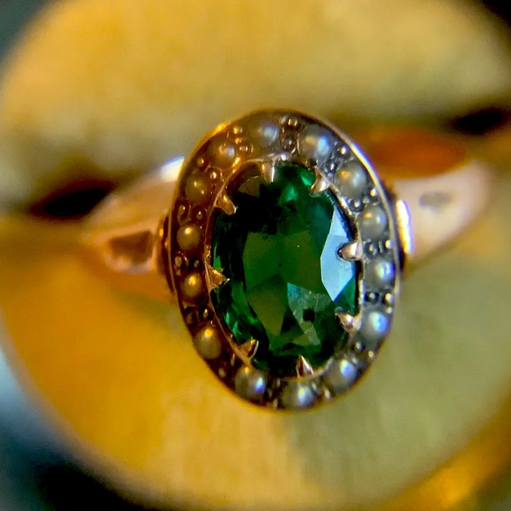 Antique Victorian 10K Rose Gold TSAVORITE (5x7/2ct)SEED PEARL COCKTAIL RING